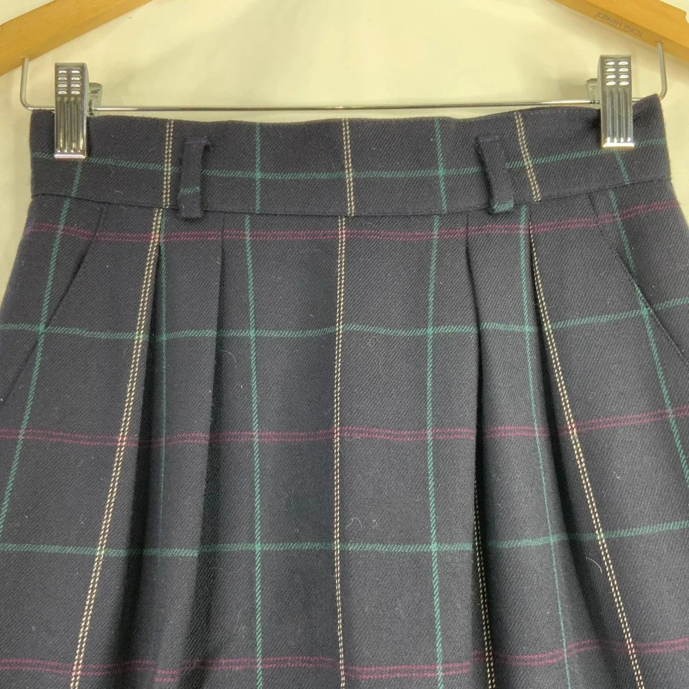 Jones New York Vintage 100% Pure Wool Plaid Pleated Midi Skirt Navy Blue Size 4